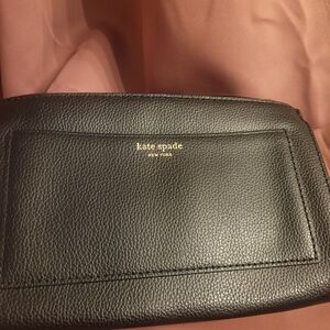 kate spade Black Pebbled Leather Toiletry Pouch with Gold Logo